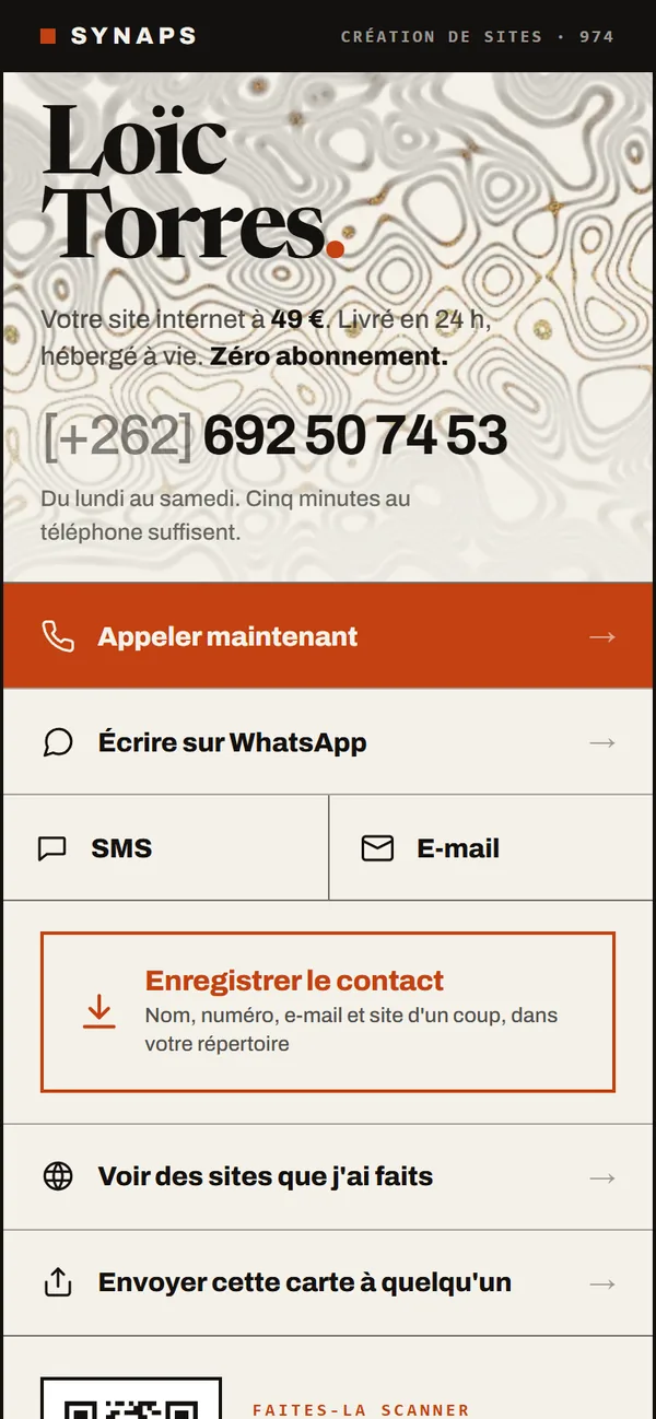 Le haut de la carte : le nom, le site à 49 €, le numéro, Appeler maintenant, Écrire sur WhatsApp.