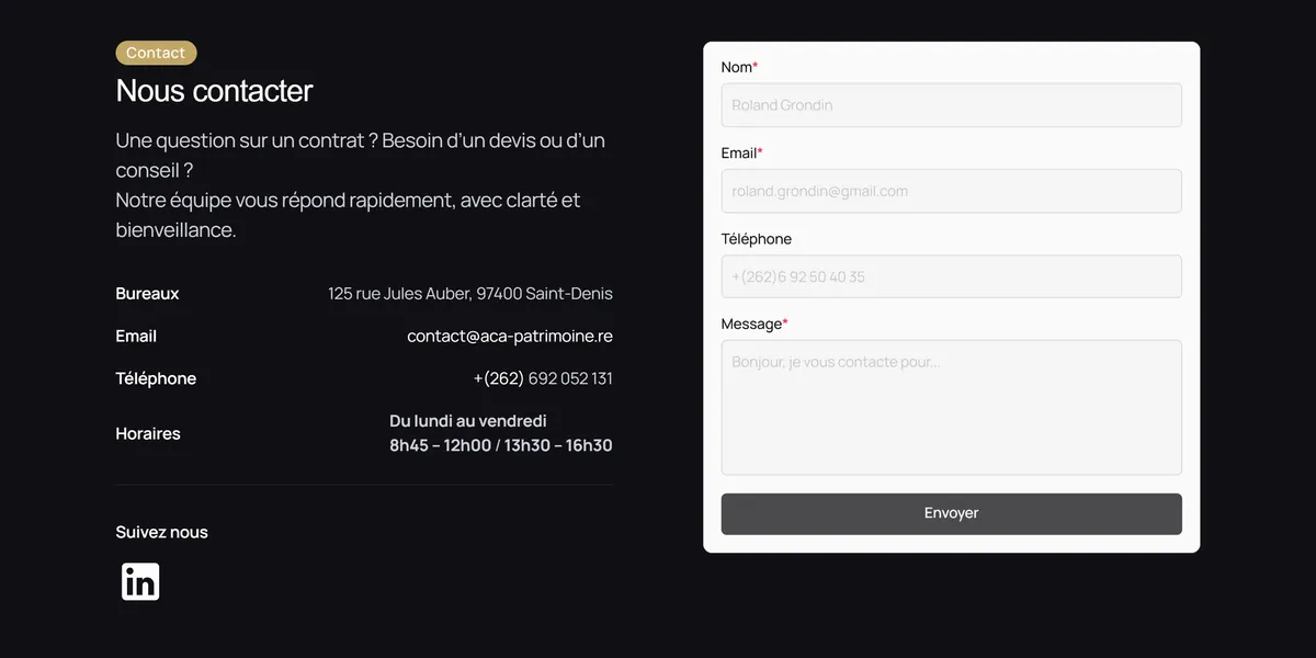 Bloc contact d'ACA Patrimoine : « Notre équipe vous répond rapidement, avec clarté et bienveillance », adresse, horaires, formulaire.