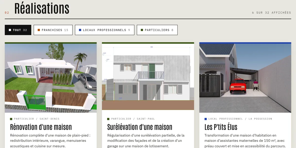 Section Réalisations : les filtres Tout, Franchises, Locaux professionnels, Particuliers, et la première rangée de vignettes.