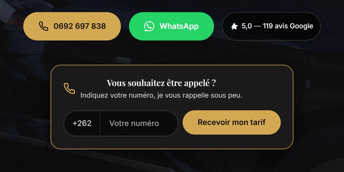 Sous le titre : le bouton avec le numéro, le bouton WhatsApp vert, la note « 5,0, 119 avis Google », puis l'encart « Vous souhaitez être appelé ? ».