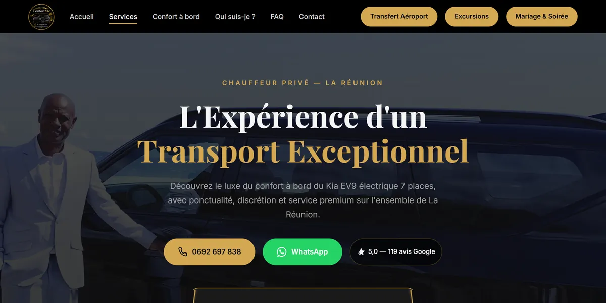 Le premier écran de Confort VTC : le chauffeur devant sa voiture, le numéro, WhatsApp et la note Google.