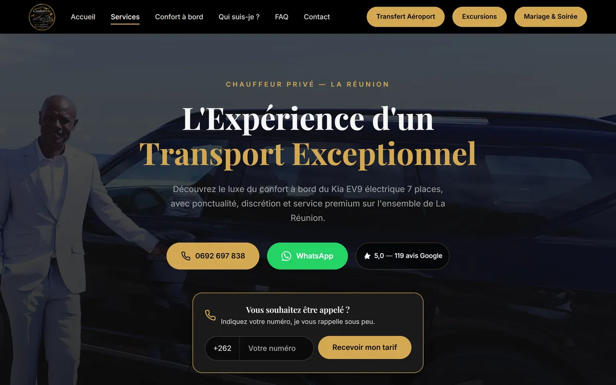 Premier écran de Confort VTC, en entier : la barre avec ses trois pilules, le chauffeur devant la voiture, le titre en blanc et or, le numéro, WhatsApp, la note Google et l'encart de rappel.