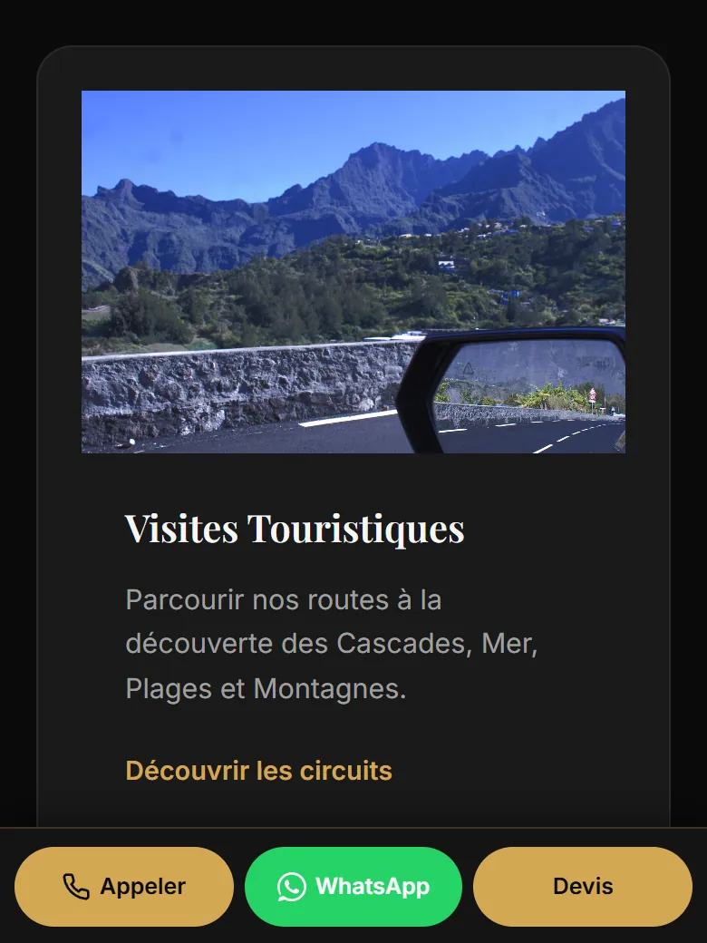 L'écran d'un téléphone : l'encart de rappel et les cartes de contact, et collée en bas de l'écran, la barre « Appeler, WhatsApp, Devis ».