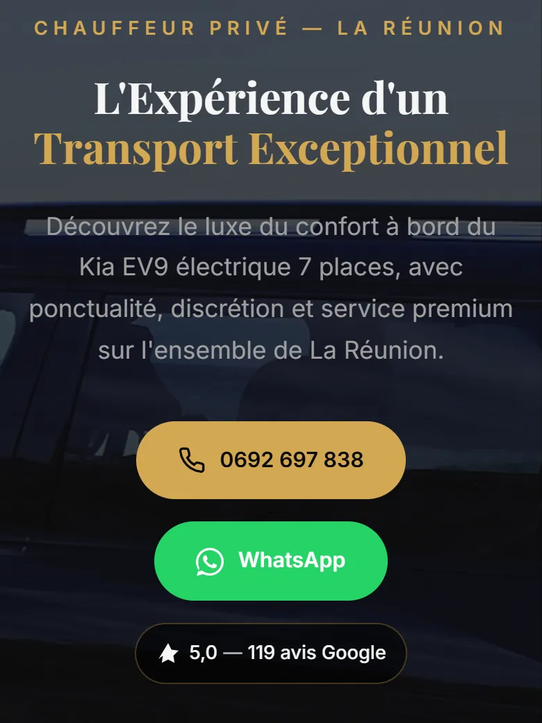 Le premier écran sur téléphone : le titre, puis deux boutons pleine largeur, le numéro en or et WhatsApp en vert.